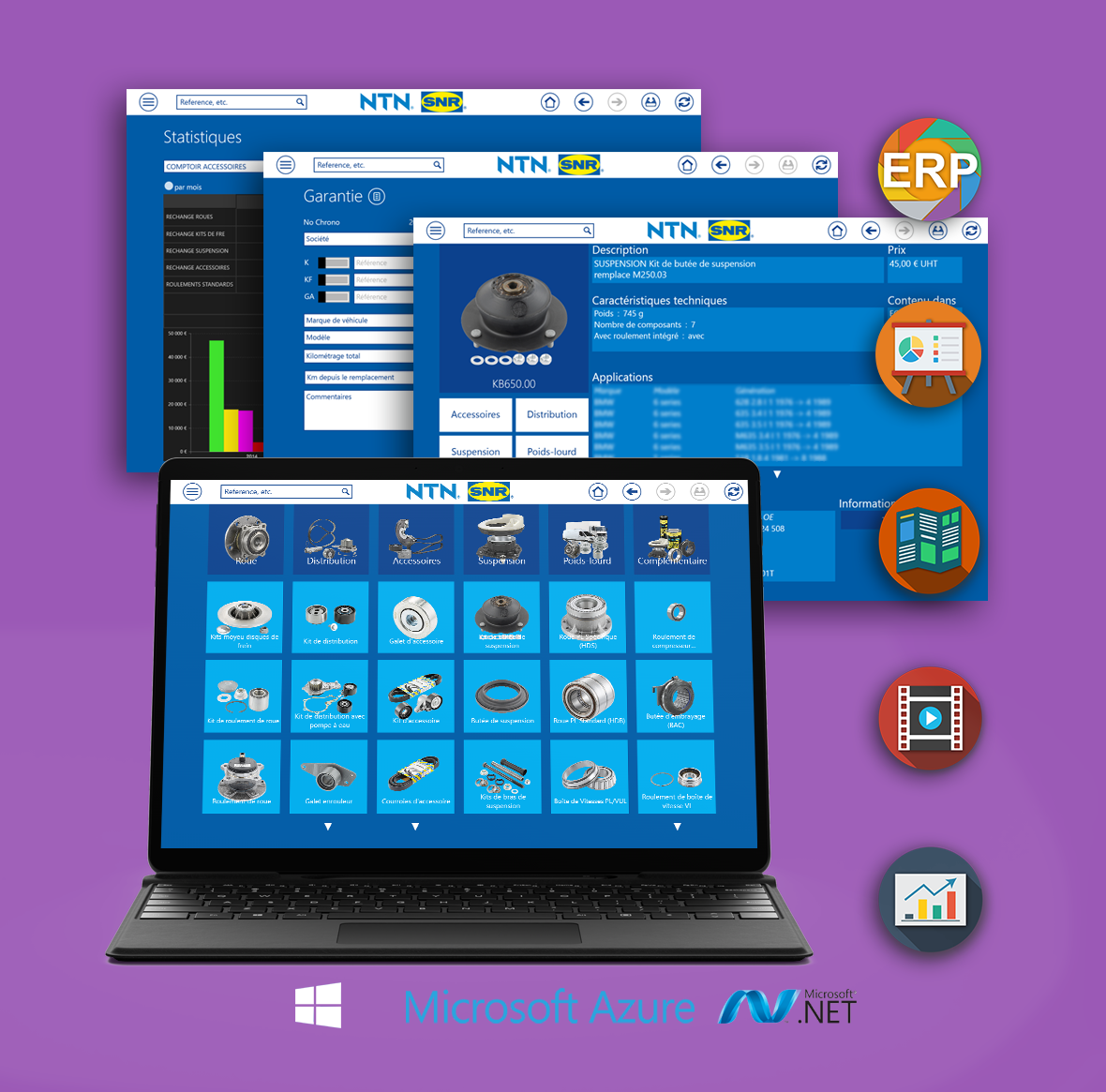 Plus d'information sur NTN-SNR: Le succès d’une plateforme digitale pour tablettes hybrides (Surface Pro) pour révolutionner les visites client de l’équipe de vente: Une augmentation extraordinaire de l’efficience  (-24 minutes par visite)  et de la satisfaction client (+ 33%): Intégration de plus de 14 bases de données internes et externes pour une présentation innovante de plus de 6.000 produits, 150.000 correspondances venant du système ERP (SAP), toutes les présentations, films, catalogues, statistiques Business Intelligence, rapports, etc..